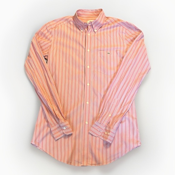 Lacoste Pink Orange Striped Button-Up Shirt sz 39 - Picture 1 of 8